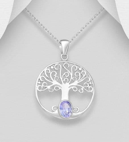 925 Sterling Silver Round Open Work Tree Of Life Pendant Set With A Oval-Cut Tanzanite Stone